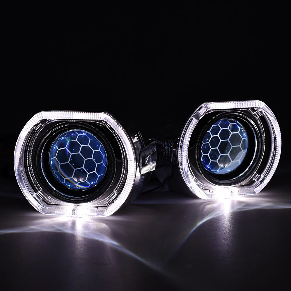 2.5 Inch Blue Coating Honeycomb Projector Lens DRL LED Angel Eyes Shrouds Fit H1 H4 H7 Car Headlamp Retrofit Accessories Styling