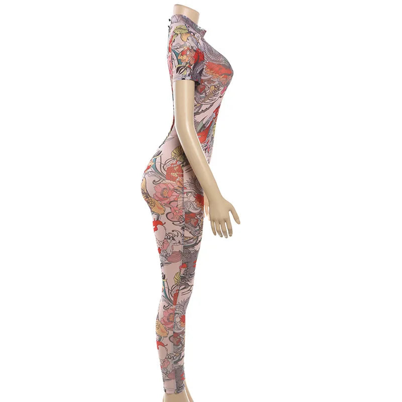 See Through Jumpsuit Women Backless Dragon Print Short Sleeve Fitness Activity Workout Overalls Slim Stretch Clubwear
