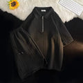 M-3XL Summer Sports Set Boys' Loose Zippered Lapel Short Sleeved T-shirt Student Minimalist Drawstring Pocket Shorts