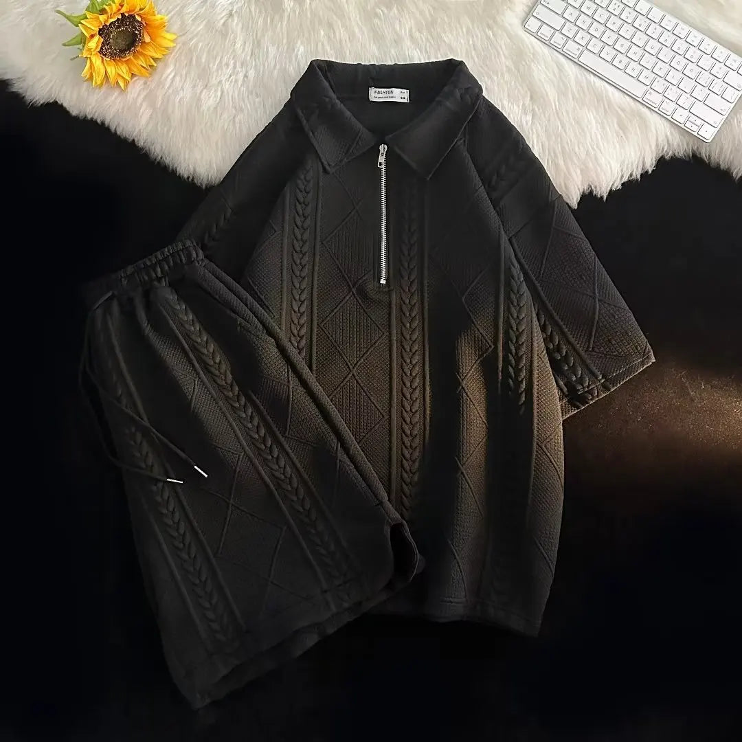 M-3XL Summer Sports Set Boys' Loose Zippered Lapel Short Sleeved T-shirt Student Minimalist Drawstring Pocket Shorts