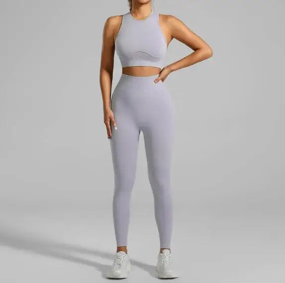 JAC22 XG7138 Women's Seamless Running Fitness Threaded Tank Top Pants Yoga Set