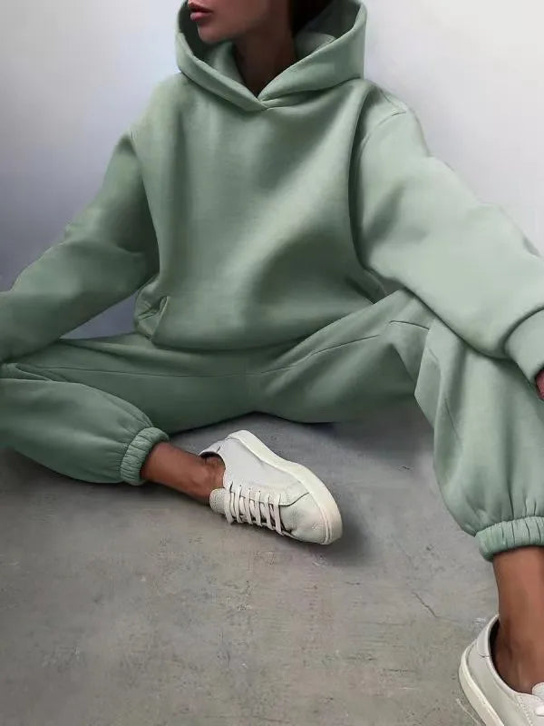 Women's Tracksuit Suit Winter Fashion Warm Hoodie Sweatshirts Two Pieces Oversized Solid Casual Hoody Pullovers Long Pant Sets