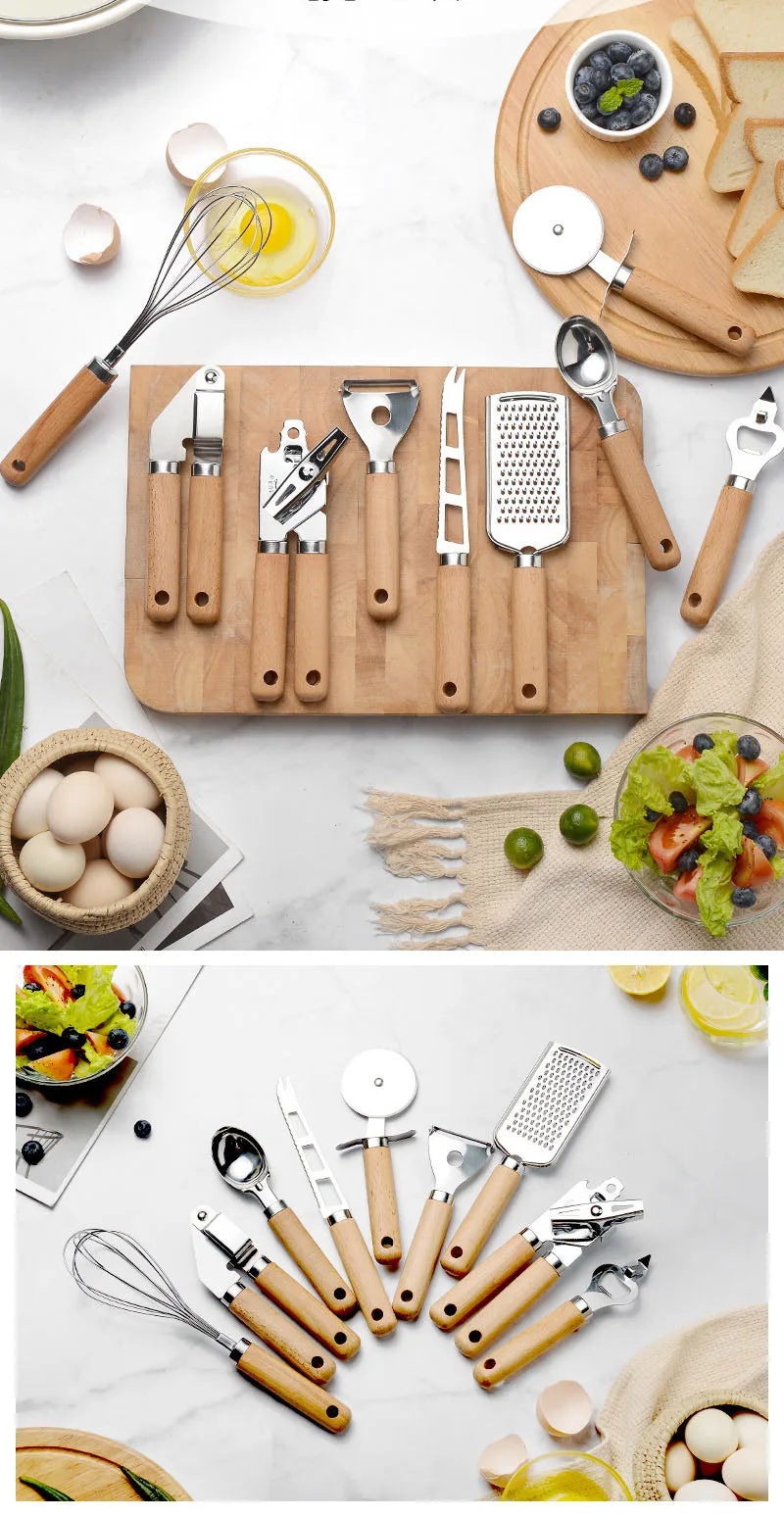 9 pcs Kitchen Gadgets & Kitchen Tool Gift Set Kitchen Tools and Gadget Set Stainless Steel Utensils set with Wood handle