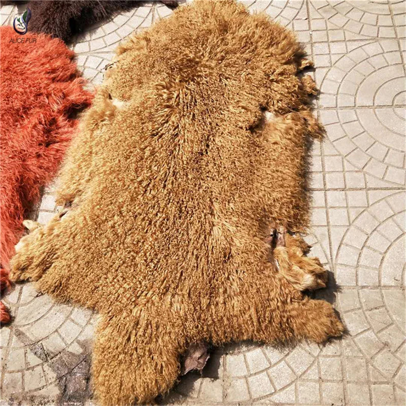 Long Hair Curly Real Mongolian Tanned Sheep Fur Pelt for Garment Use