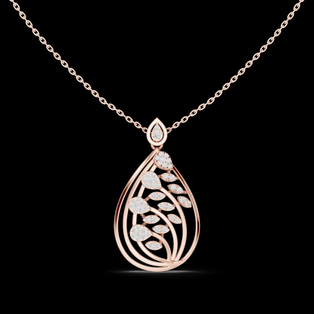 Leafy Teardrop Diamond Pendant Necklace with Link Chain Rose Gold Plated Luxury Women Engagement Wedding Party Jewelry