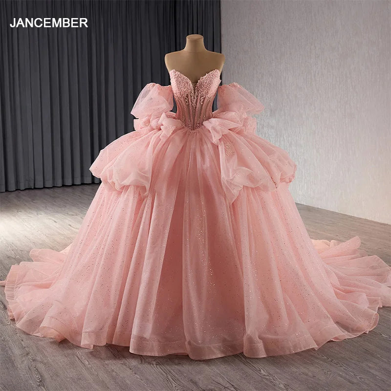 Glitter Pearls Pink Quinceanera Dresses Puff Sleeves Ball Gowns Sweet 15 16 Birthday Dress Rsm241101