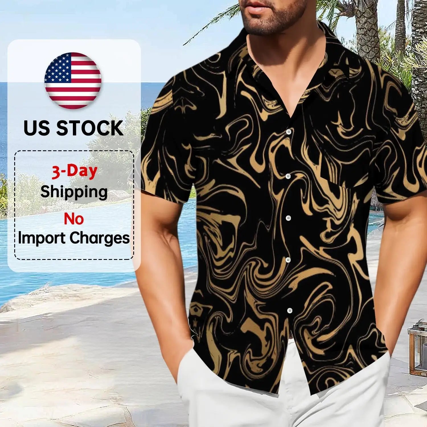 Luxurious Men's Ink-printed Shirt with Golden Marble Pattern Design. 100% Polyester Fiber. Quick-drying Summer Custom-made Style
