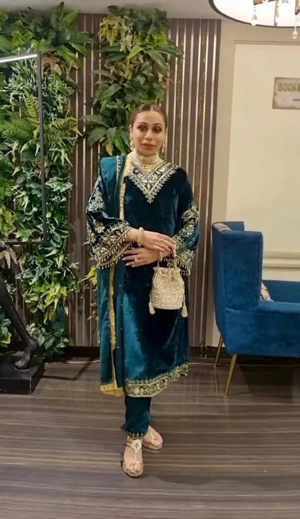 Viscose Velvet With Embroidery Sequence Work Suit Viscose Velvet Sequence Embroidered Work Top and Bottom With Dupatta