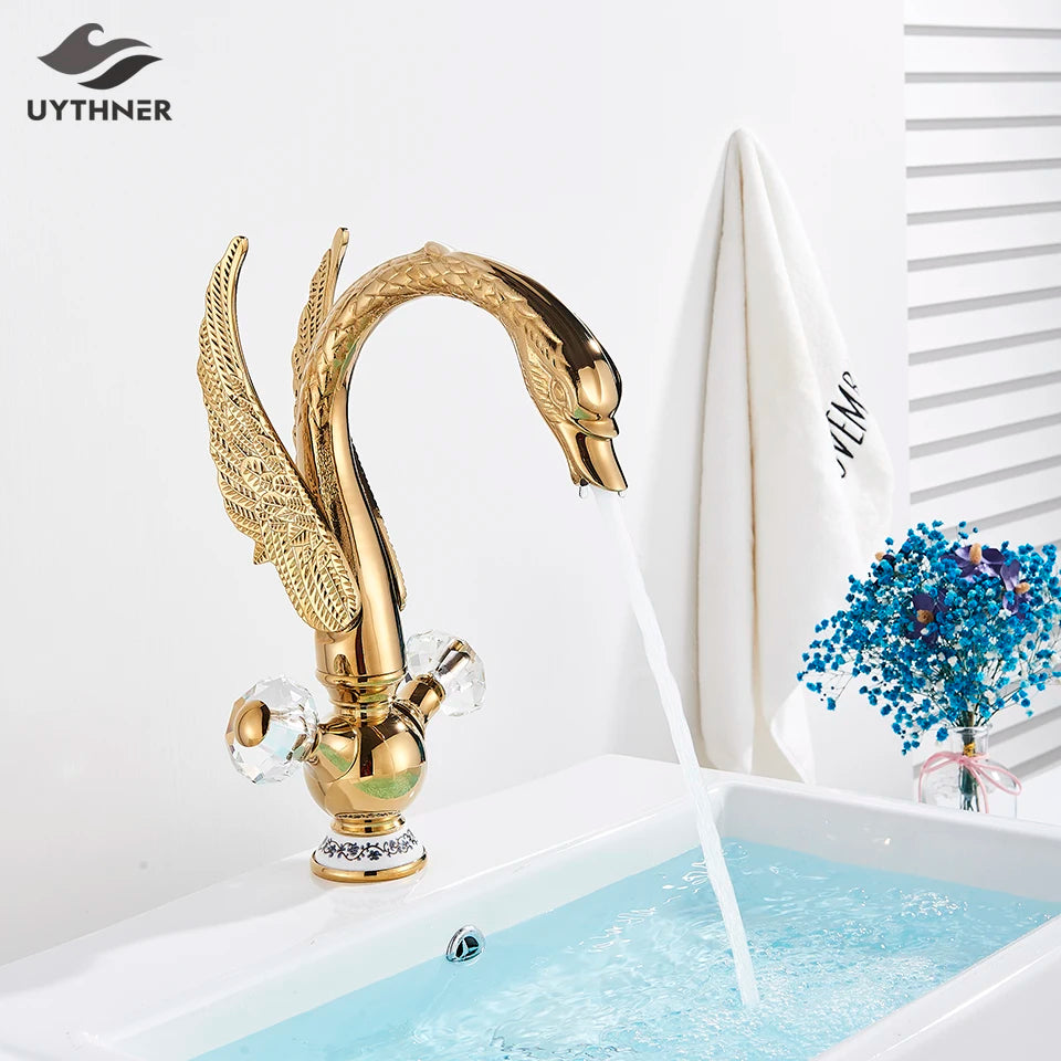 Luxury Gold Swan Basin Faucet Deck Mounted Bathroom Faucet Hot and Cold Water Mixer Tap Bath Water Faucet Basin Sink Taps
