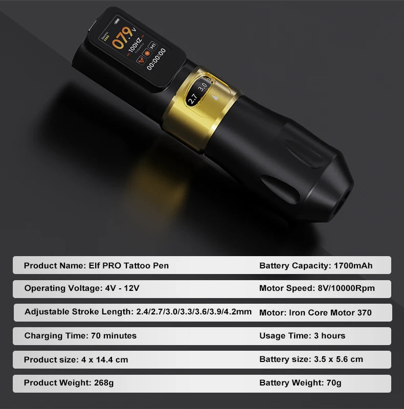 1700Mah 12V Yilong  Wireless Tattoo Machine Pen  Custom Logo Rotary Tattoo Pen LED Screen Adjustable Stroke