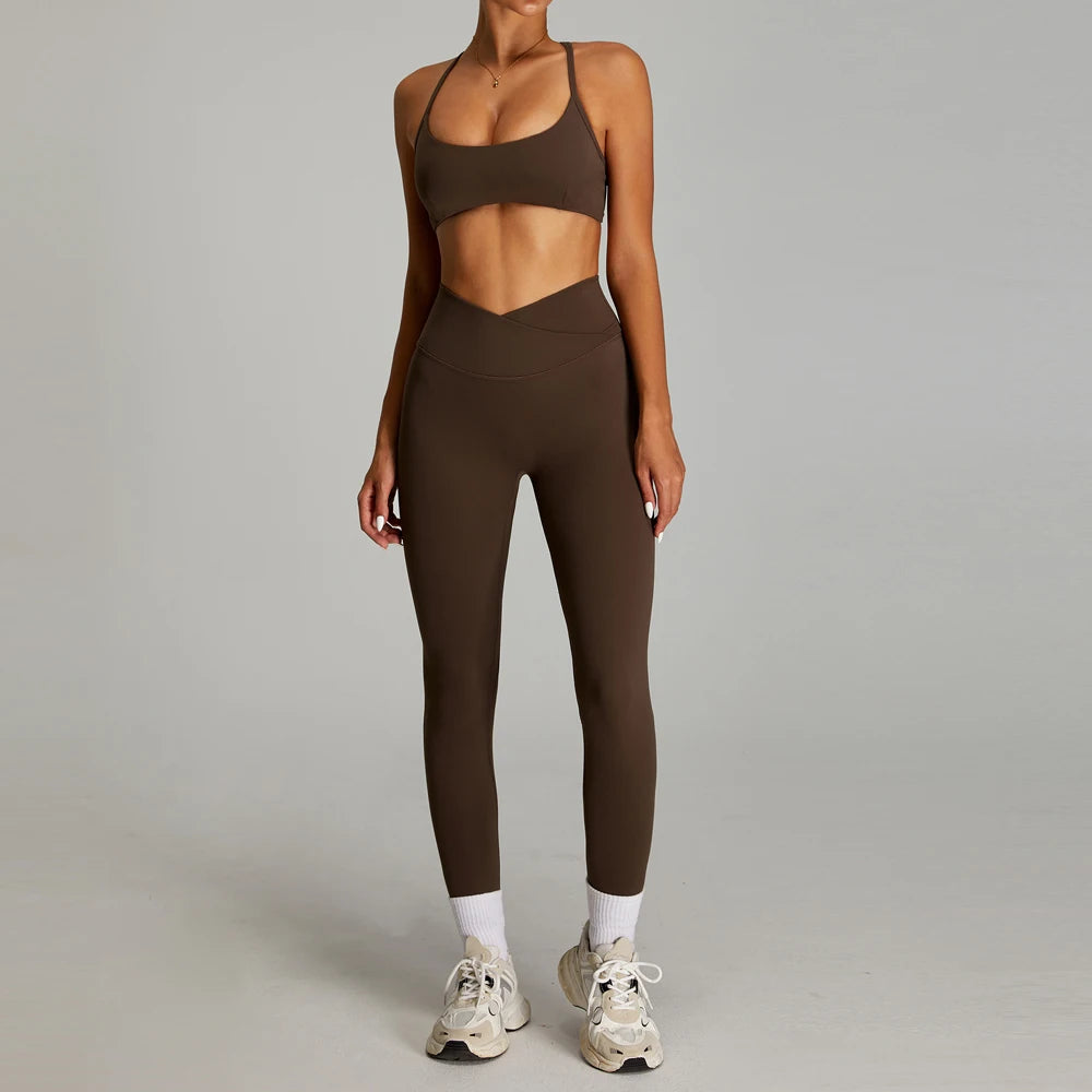 High Quality 2 Piece Cross V-shaped Waist Leggings Women Activewear Fitness & Yoga Wear Sports Bra Gym Fitness Sets