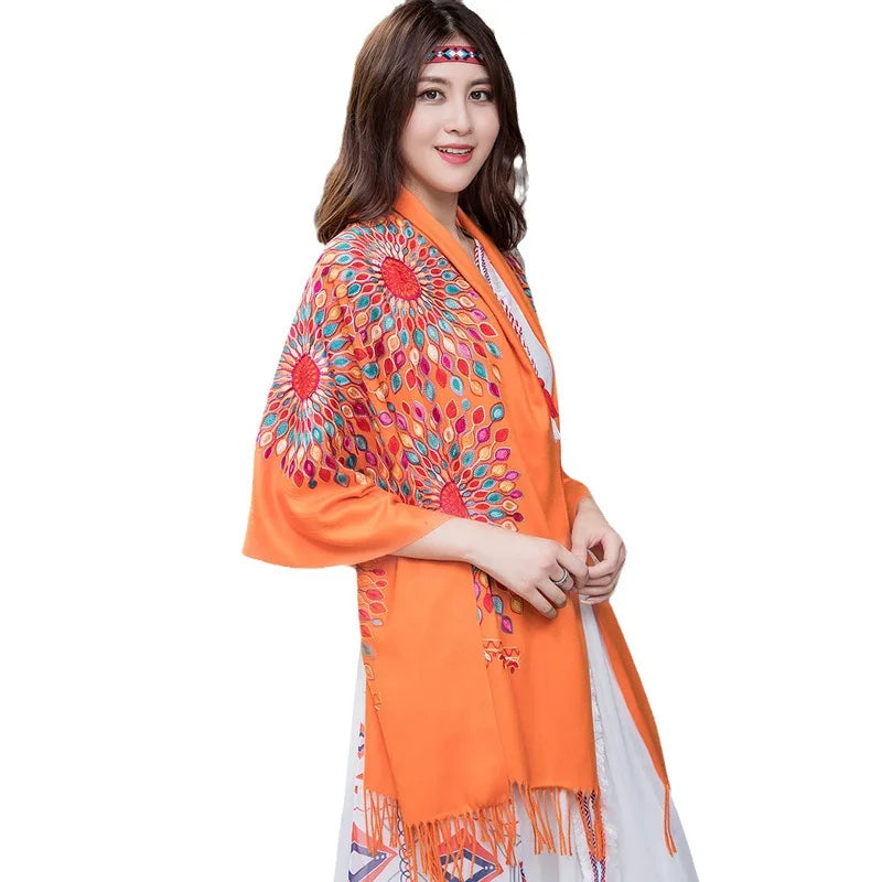 Wholesale JiYun 2025 Ladies Winter Scarf Shawl Floral Tassel Embroidery Soft Heavy Cashmere Feel-Hot Sale Winter Accessory