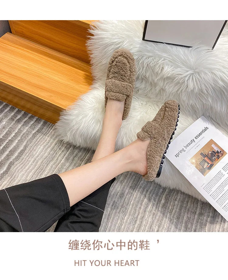 Winter Warm Plush Mules Women One Band Fur Slippers Cozy Cotton Shoes Woman Flats Cover Toe Fleeces Slides Femme Wool Pantuflas