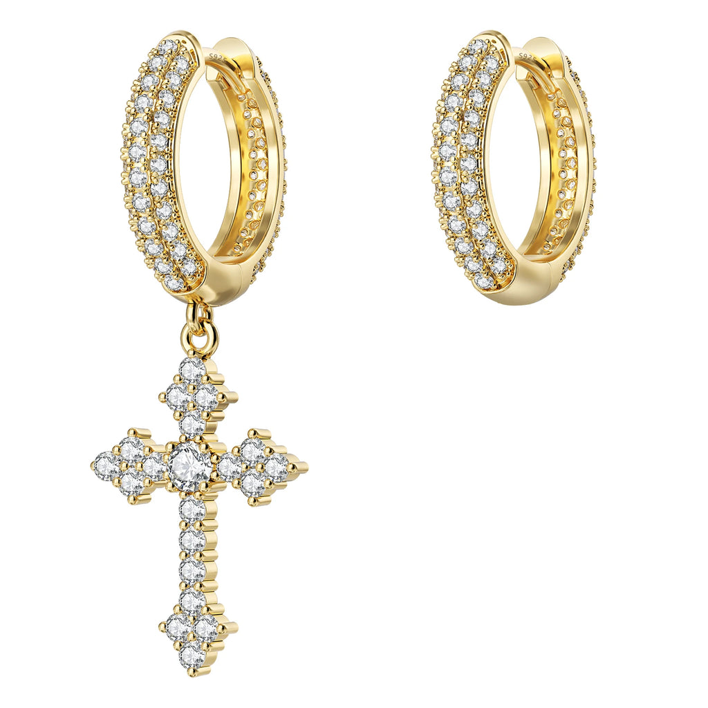 14K Gold Plated Dangle Cross Earring 925 Sterling Silver Women Men Birthday Gift CHRISTIAN 5A CZ Cubic Zirconia Hoop Earring