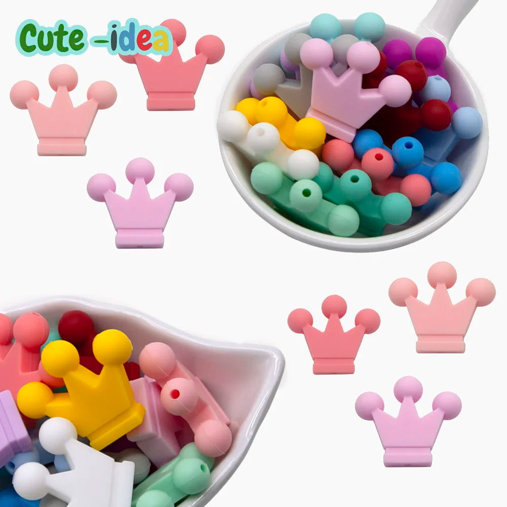 Cute-idea 10pc mini Crown BPA Free Silicone Beads Baby Teether Chew sensory Craft Chain For Pendant Food Grade Baby Teething Toy