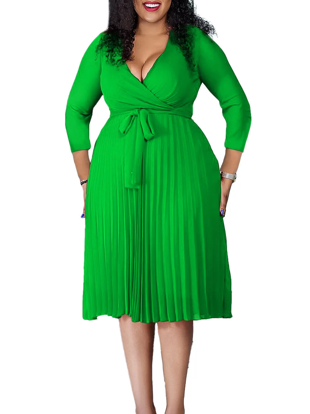 Women's Dress 2024 New Style Casual Elegant Solid Color V-neck Long Sleeve Pleated Skirt