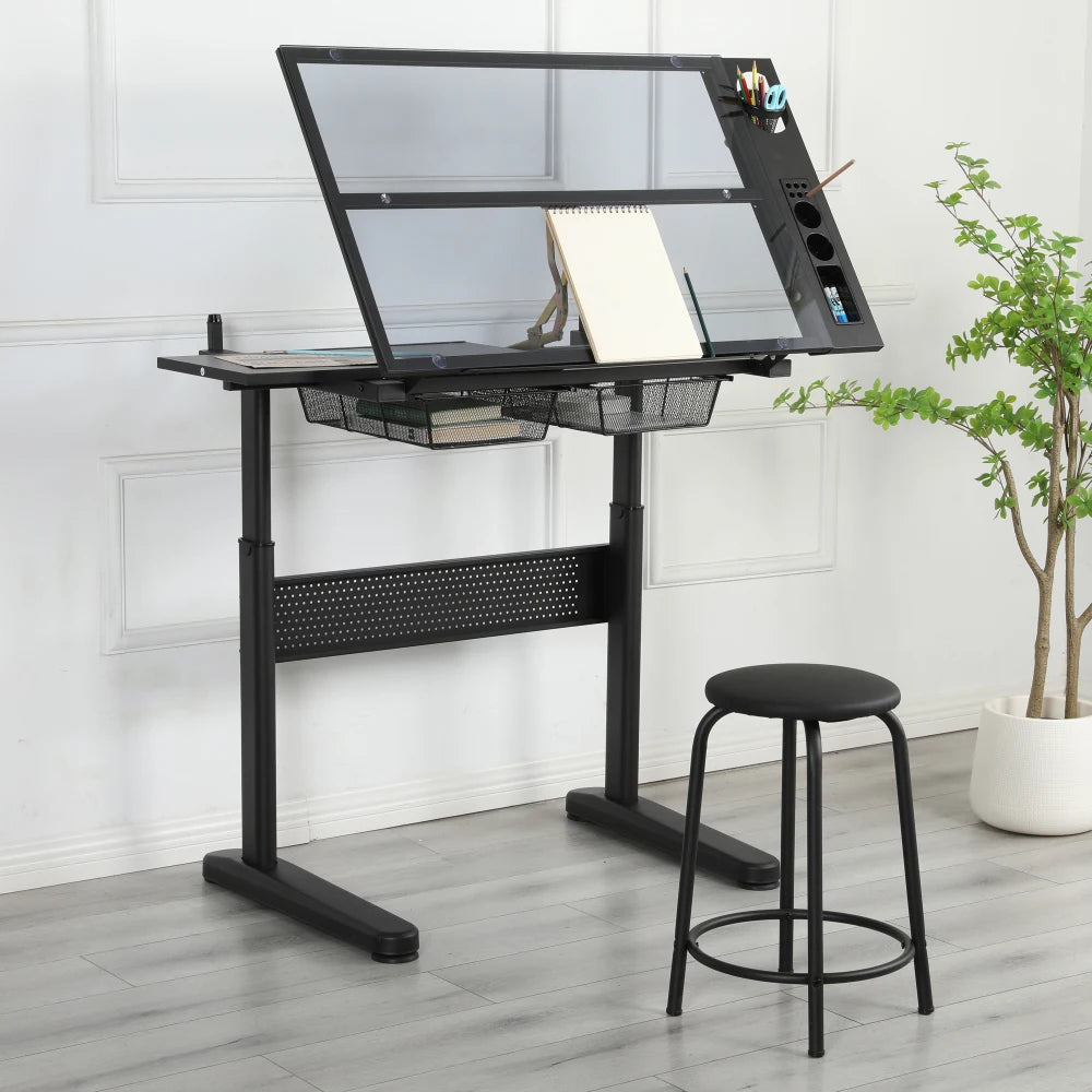 Hand Crank Adjustable Drafting Table Drawing Desk with 2 Metal Drawers (BLACK)WITH STOOL