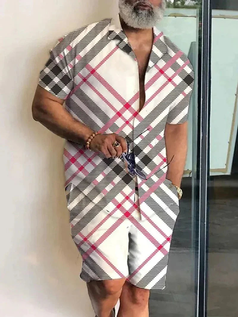 New Men Sets Print Patchwork Lapel Short Sleeve Casual Shirt Beach Shorts Summer Men Streetwear Vacation Hawaiian Suits