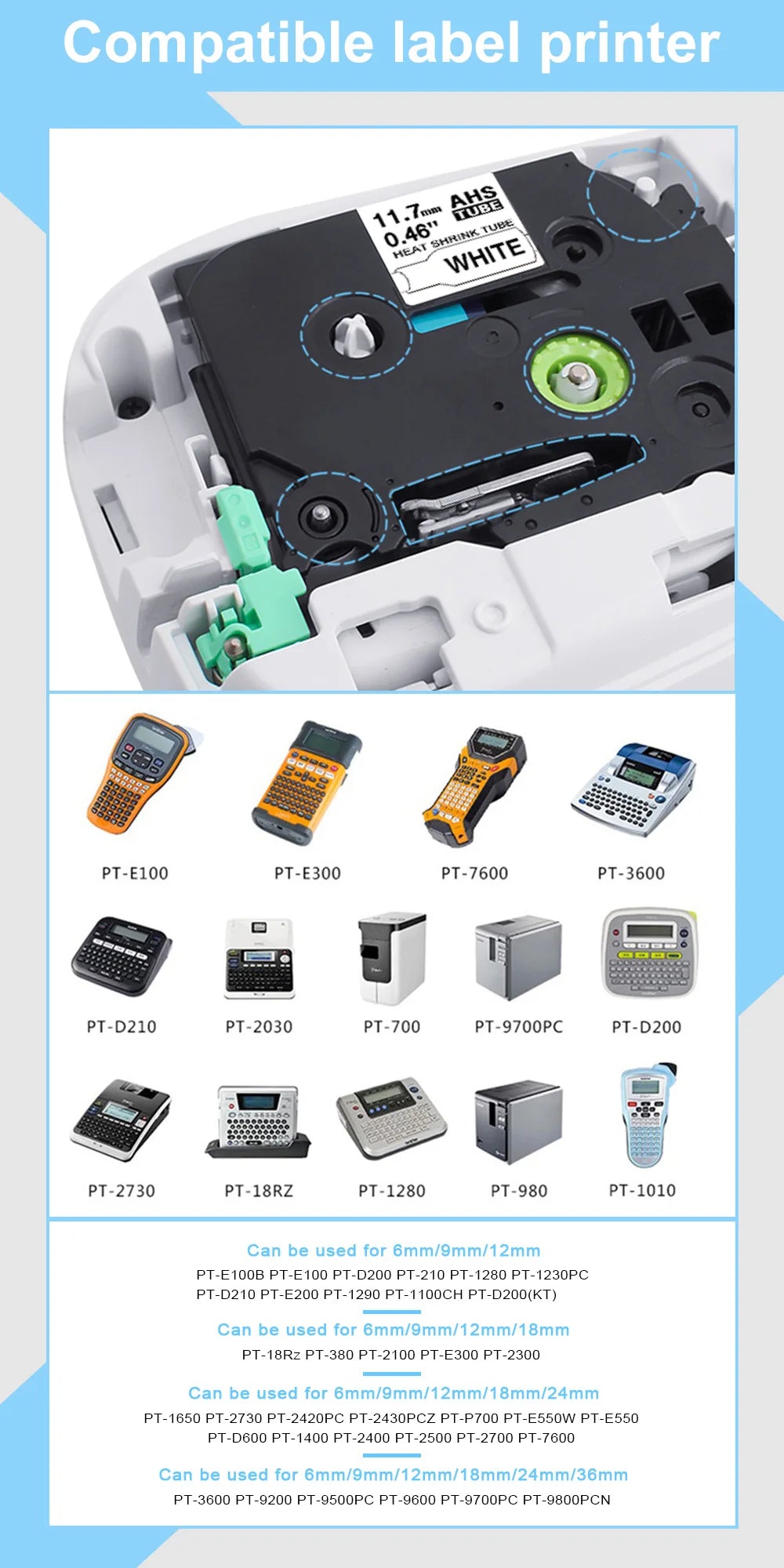 Compatible Brother Heat Shrink Tube Tape HSe-231 HSe-211 HSe-221 HSe-631 for P-touch PT-E550W E300 E500 P750WVP P900 P950W 7600