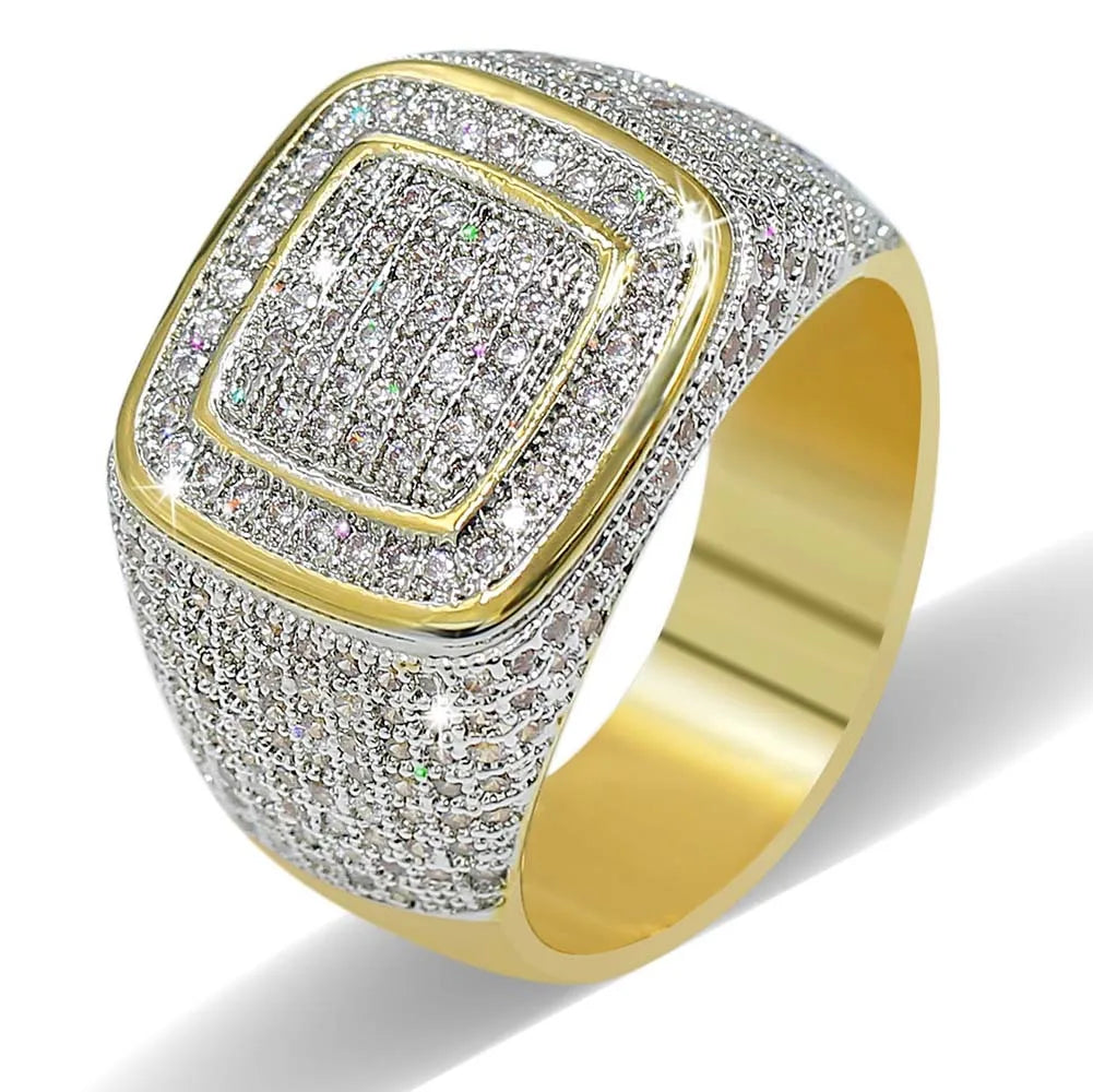 Round Square Shape Cubic Zircon Ring Brass Material Gold Silver Plated Iced Out Full CZ Hip Hop Rings Men's Fashion Jewelry