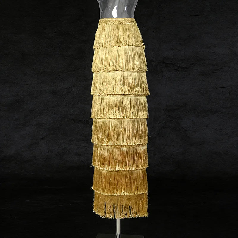 Solid Loose Spliced Tassels Minimalist Skirts for Women High Waist Patchwork Ruffles Fashion Skirt Female Clothing