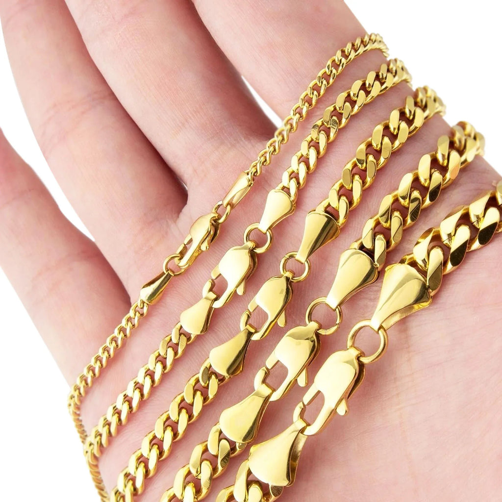 USA Local Fast Shipping 14K Gold Plated Cuban Link Chain 3mm 5mm Women Stainless Steel Waterproof Jewelry Men Miami Necklace