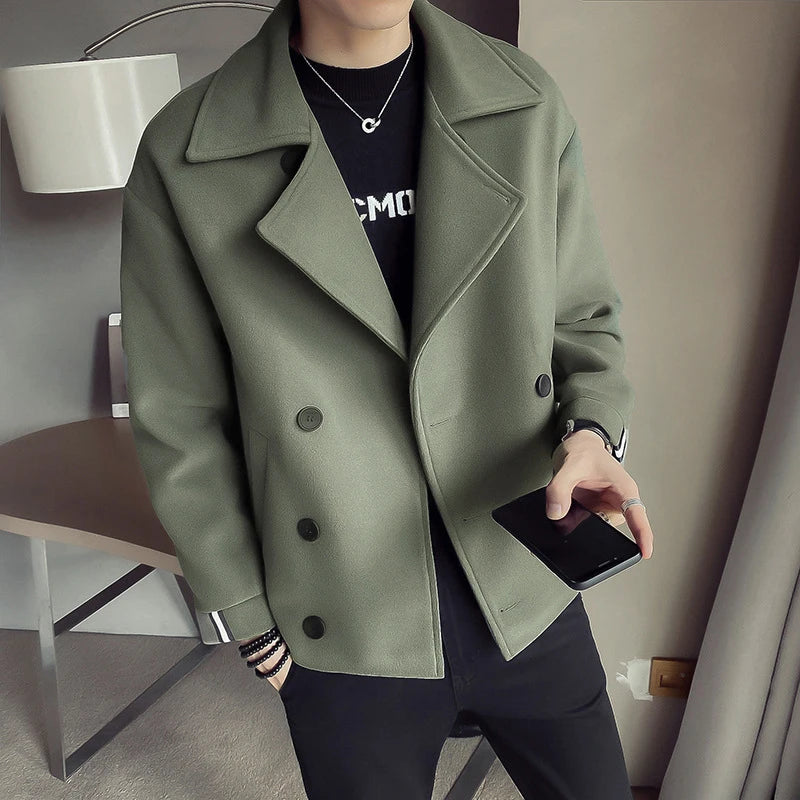 Trendy Brand Autumn Winter New Men's Cropped Jacket Korean Style Casual Fashion Woolen Overcoat Warm Net Red Version for Men