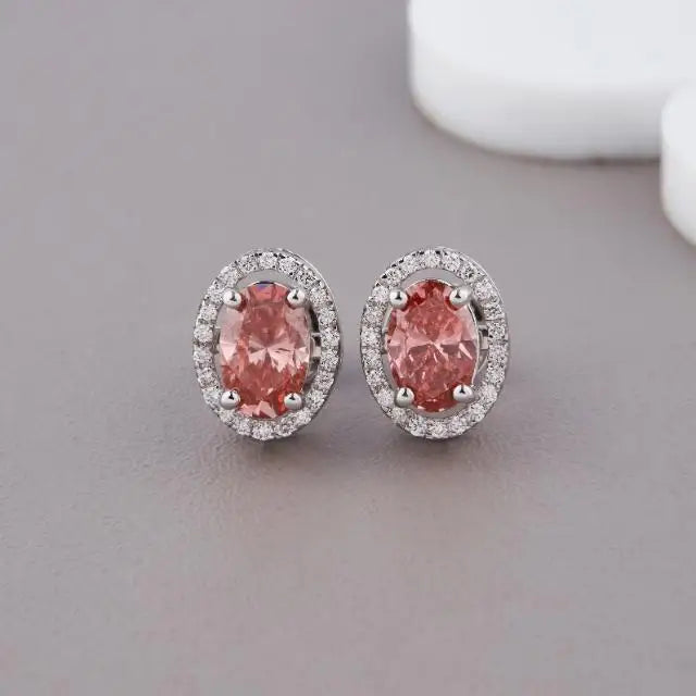 IGI Certified Oval Pink Lab Grown Diamond Halo Stud Earrings 18K White / Yellow / Rose Gold Diamond Halo Earrings