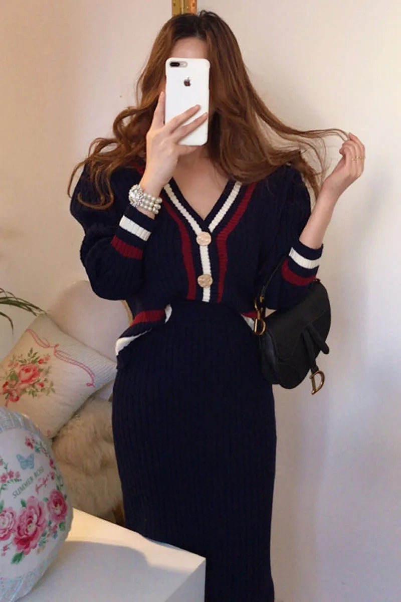 Wholesale 2026 Autumn New Temperament V-neck Bordered Contrast Color Knitted Cardigan Sweater and High Waist Mid-length Sets