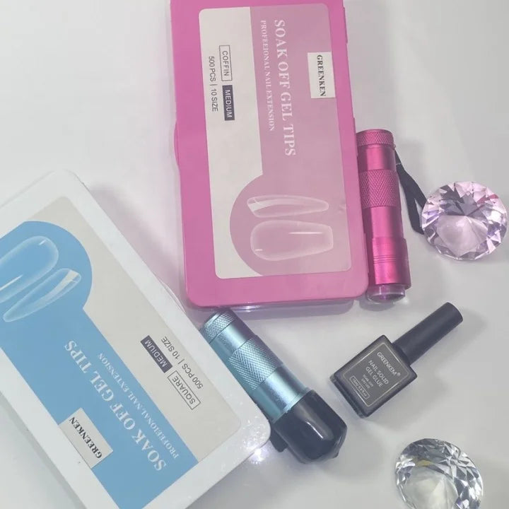 Soft Gel Nail Tip Set Custom Box and LOGO Nail Tip Set With Lamp Glue Clear Full Cover Soft Gel Nail Tip Kit