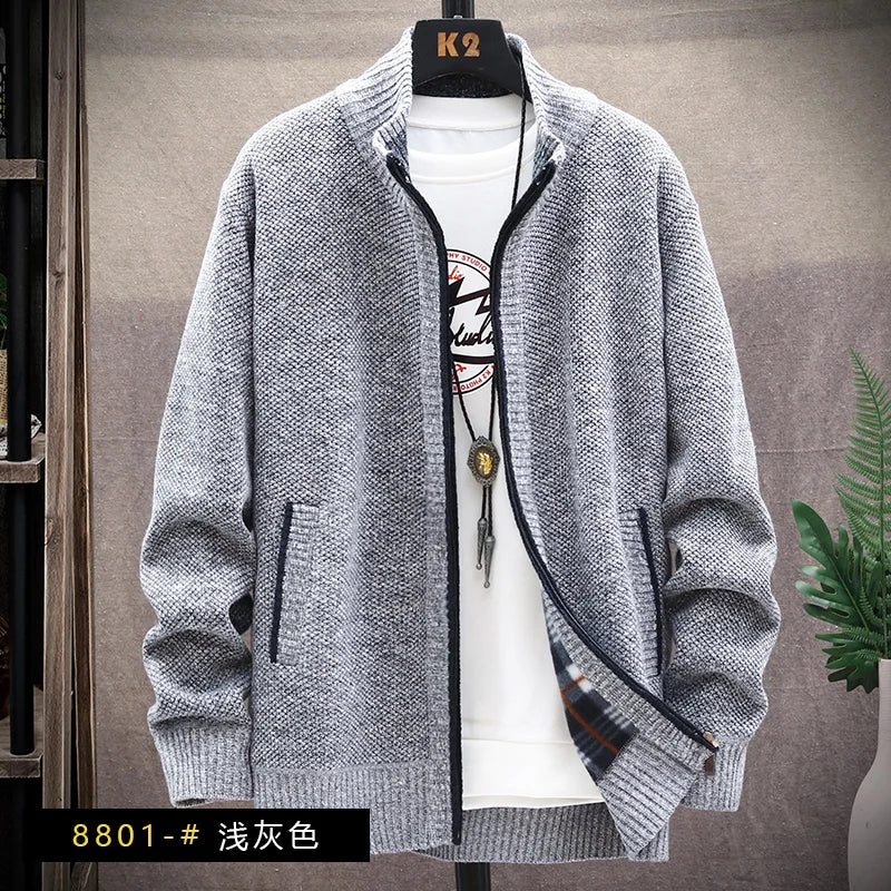 Autumn Winter Men's Sweaters Hooded Knit Cardigan Korean Sweaters Jacket Fleece Lined Hoodies Windbreaker Coat