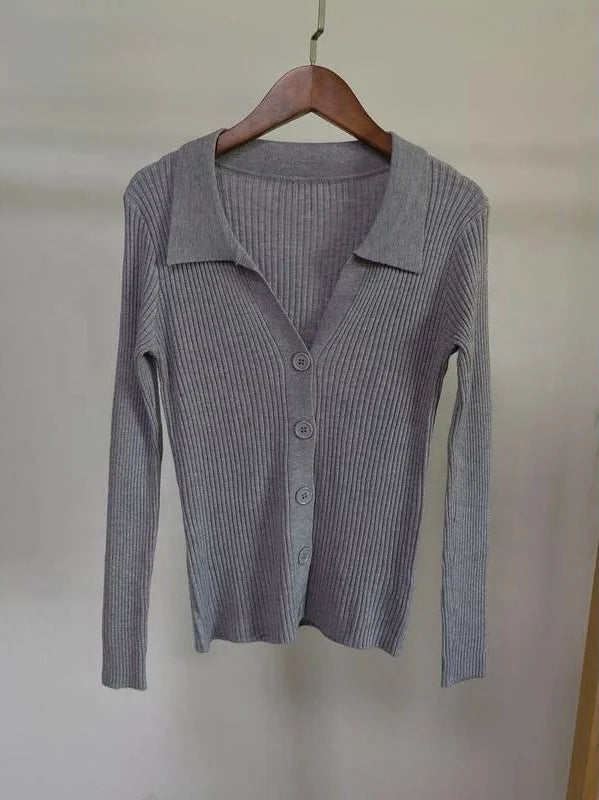 Lapel Slim-fit Coat Pit Strap Buckle Sexy V-neck Fashion Long-sleeved Cardigan Sweater Woman