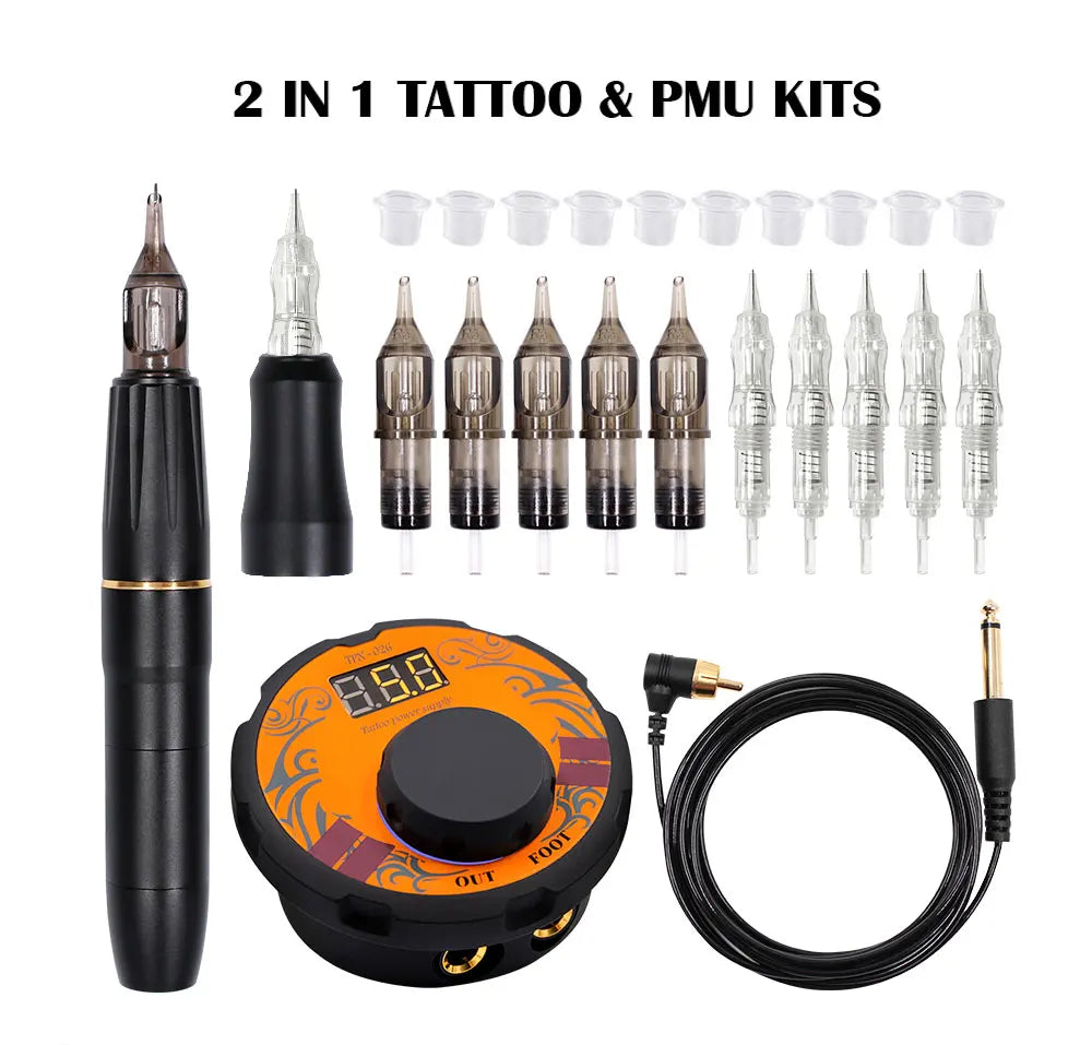 BIOMASER Newest Permanent Makeup Tattoo Machine 2 Head Rose Gold Microblading Pen Equipment 3D Microblading Tattoo Gun Set