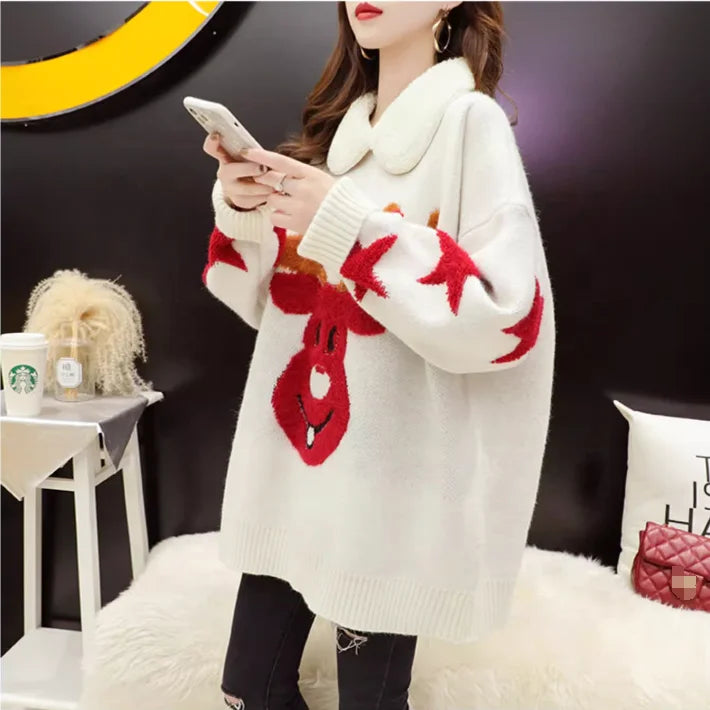 Wholesale New Year Luxury High Quality Fur Collar Loose Deep Head Print Christmas Sweater