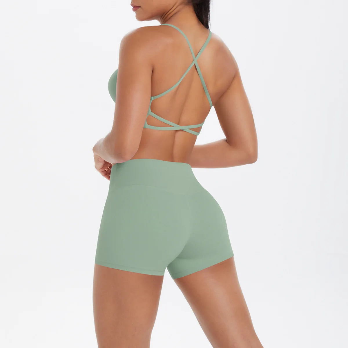 Support Custom Logo New Sports Bra Set Women Cross Back Padded Bra High Waist Butt Lifting Shorts Yoga Gym Running Activewear