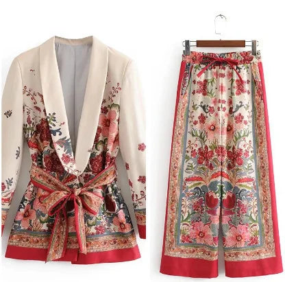Wholesale 2026 European and American Spring New Style Belt Printed Casual Suit Coat Wide Leg Pants Women's Set