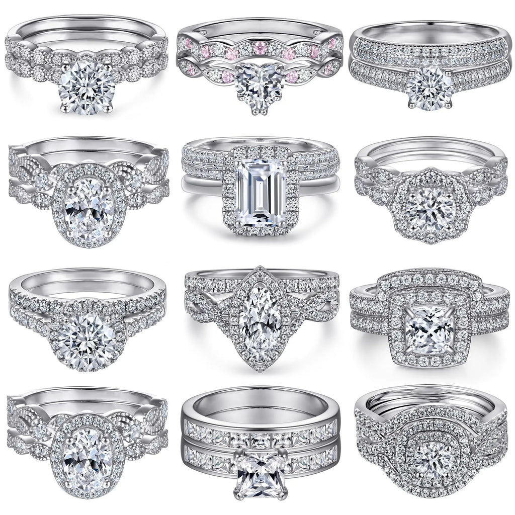 Wedding Ring Set Three-Piece Heart Pattern Engagement Jewelry Women's S925 Sterling Silver Rings