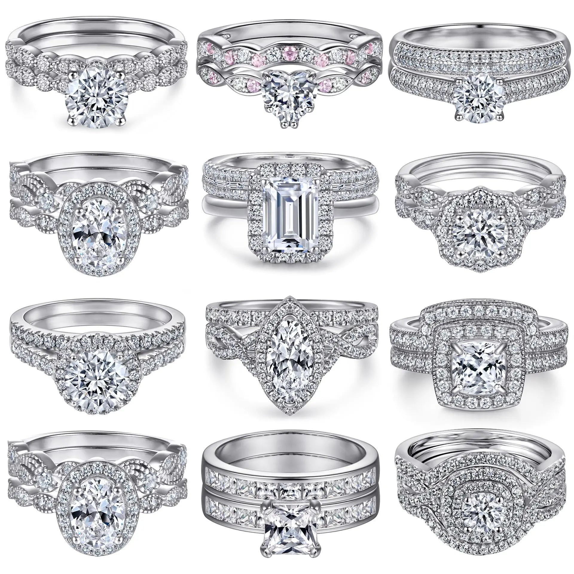 Wedding Ring Set Three-Piece Heart Pattern Engagement Jewelry Women's S925 Sterling Silver Rings