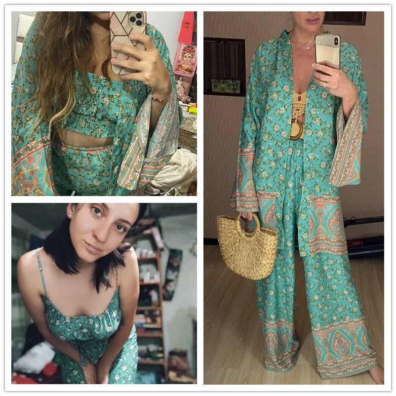 Vintage Chic  Women Floral Print Outfits Strap Sleeveless Tops Bohemian Suits Drawstring Pants 2 Pieces Rayon Cotton Boho Sets