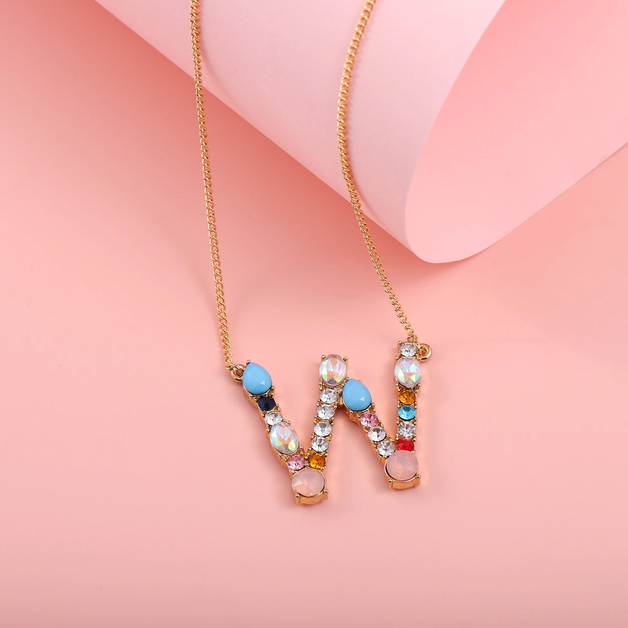 Hainon Fashion Initial 26 Letter Necklace Colored Zircon Necklace Electroplated Gold Sweater Chain