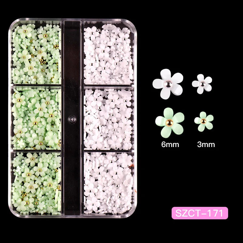 Nail Jewelry Wholesale Cute Three-dimensional Small Flowers 6-grid Plastic Box Mixed Resin Five-petal Flower Nail Accessories
