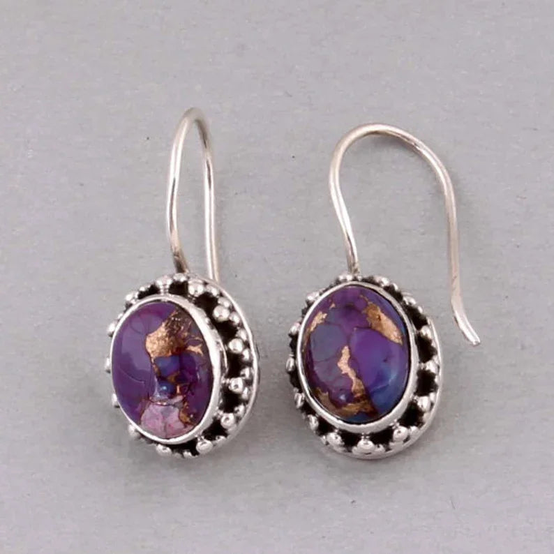 SHREE JAIPUR SILVER 925 Sterling Silver Purple Copper Turquoise Hoop Earrings Natural Stone Bezel Setting Minimalist Unisex