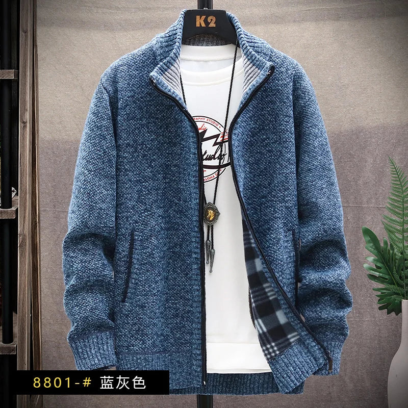 Autumn Winter Men's Sweaters Hooded Knit Cardigan Korean Sweaters Jacket Fleece Lined Hoodies Windbreaker Coat