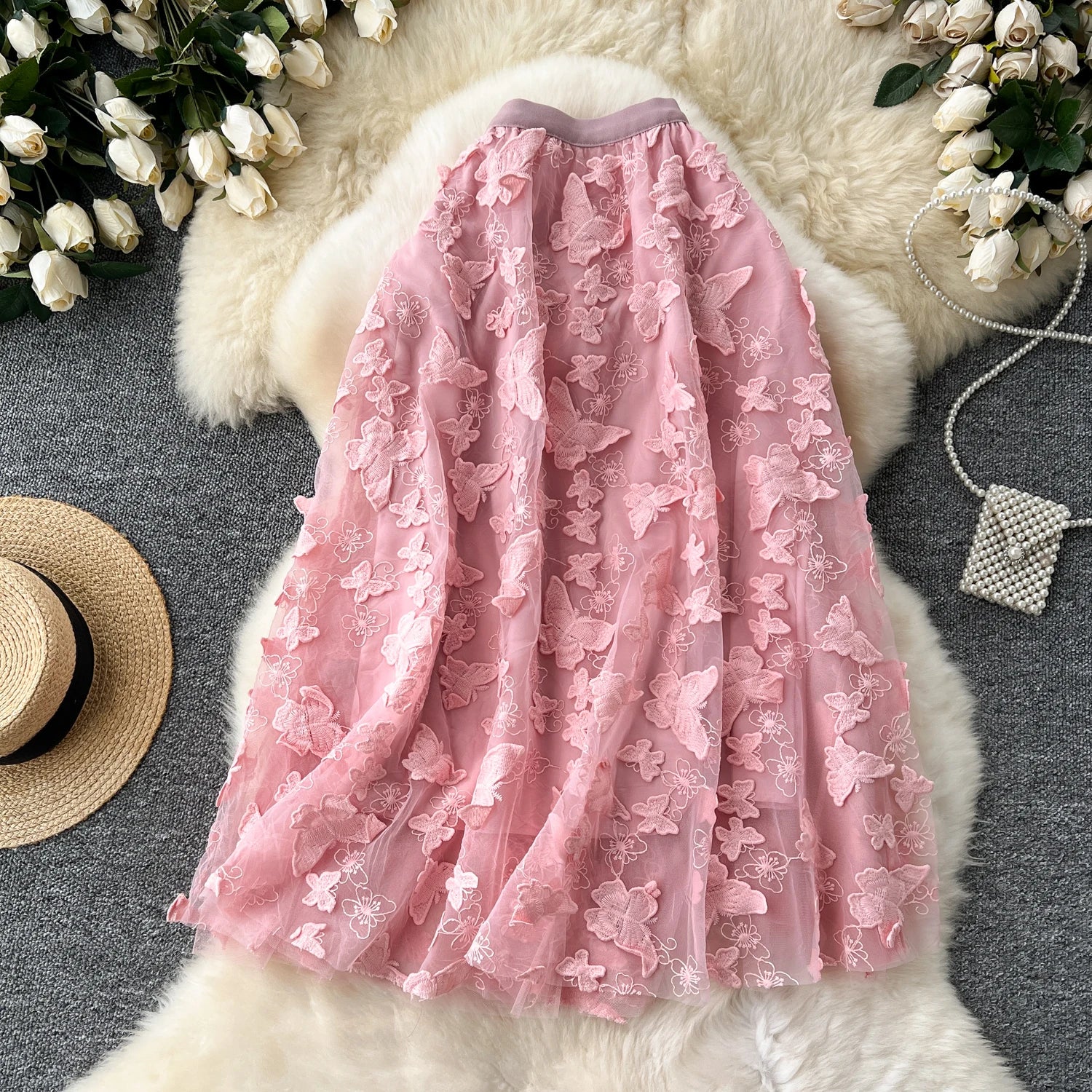LE2666 Heavy Three-Dimensional Butterfly Embroidery Mesh Skirt Female 2024 New High-Waisted Mid-Length A-Line Fairy Skirt