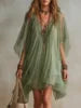 2026 Summer New European American Womens V-Neck Chiffon Dress Loose Beach Cover-Up Mid-length Princess Sleeve Solid Color