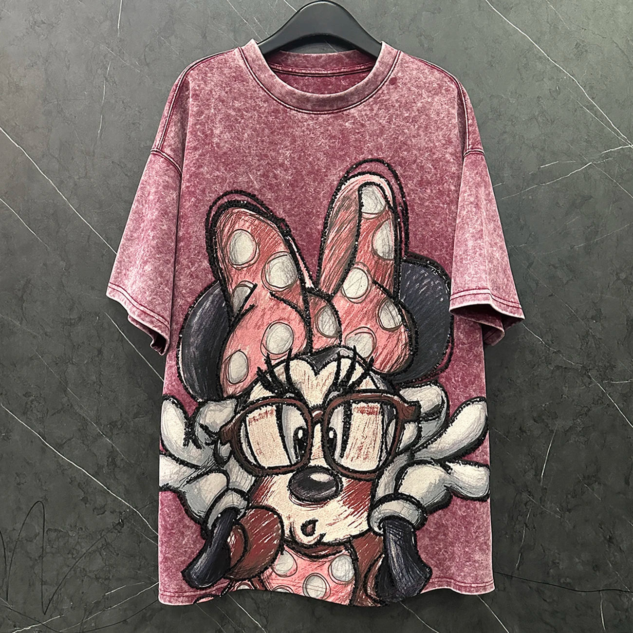 2025 Summer Vintage Minnie Cartoon T-Shirt for Women Heavy Industry Short Neck Loose Medium Long Half Sleeve Anti-Wrinkle ODM