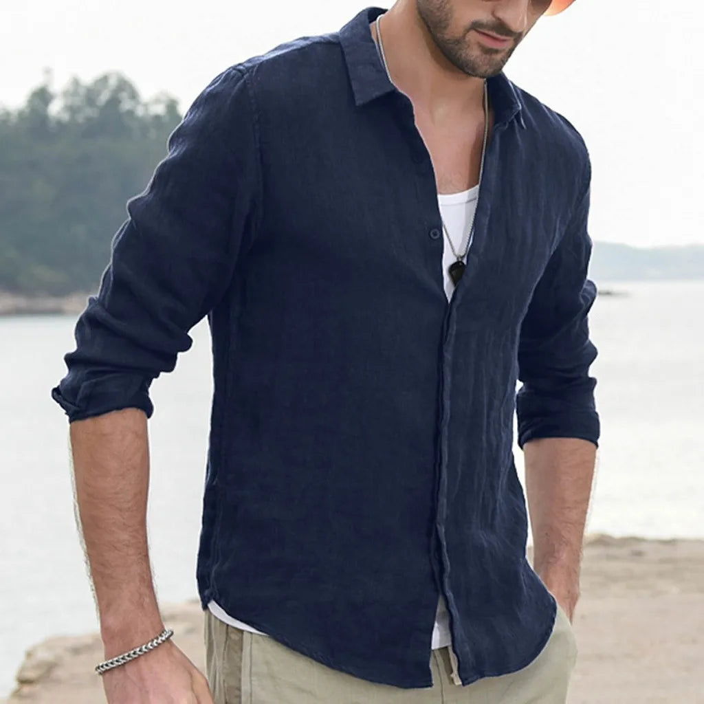 Men Spring Cotton Linen Long Sleeve Button Solid Color Shirts Lapel Collar Men's Tops Cardigan Blouse T-shirt Casual Shirt