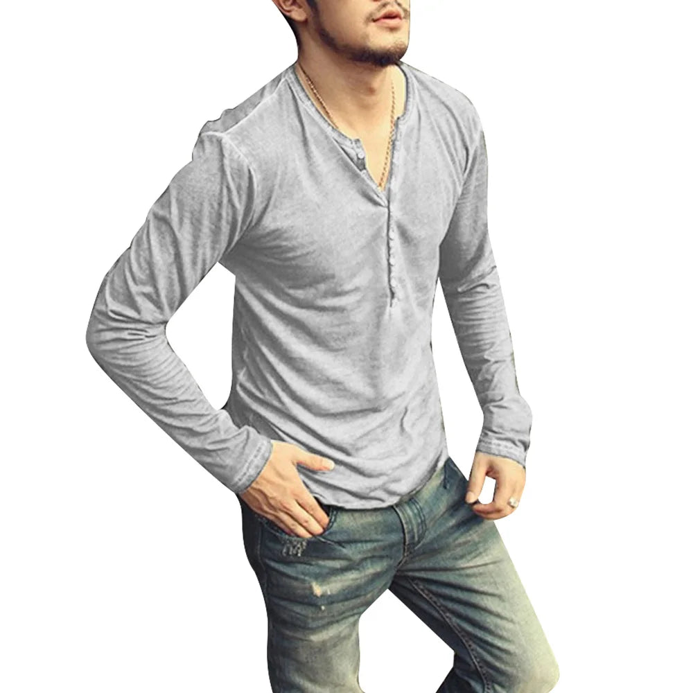 Men Tee Shirt V-neck Long Sleeve Tee&Tops Stylish Buttons T-shirt 2026 Autumn Casual Henley shirt Solid Male Clothing 5XL