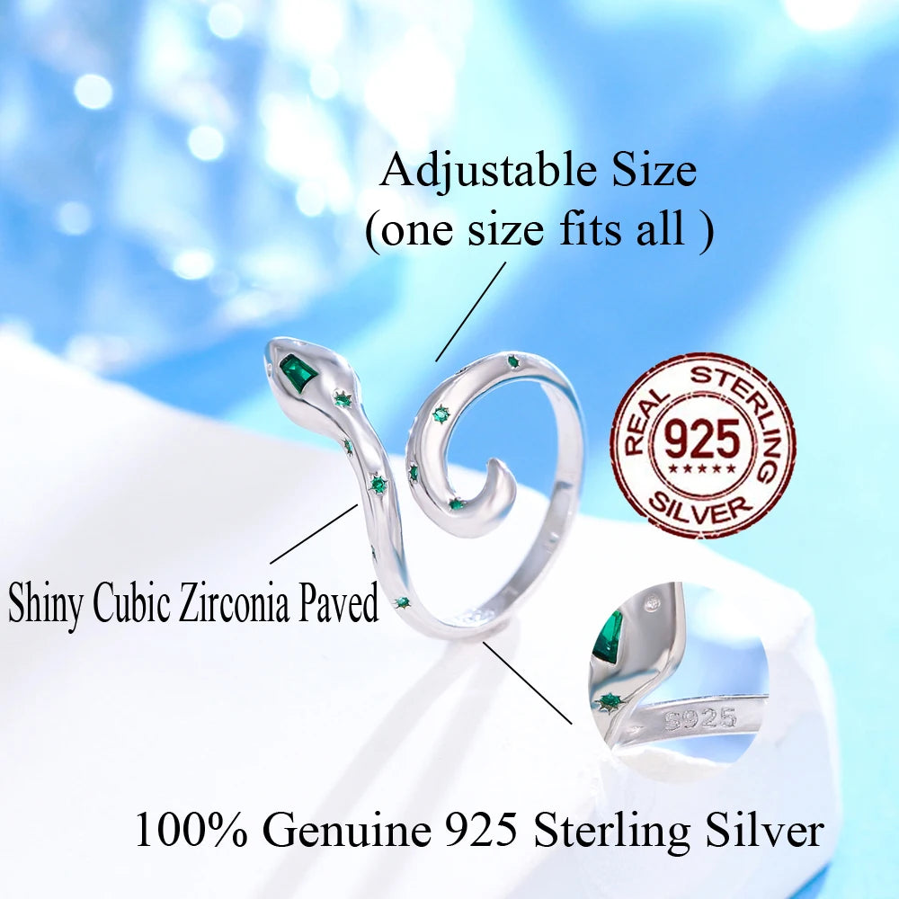 Fashion Design Cubic Zirconia 925 Sterling Silver Snake Ring Woman Bulk Resizable Ope Size Thin Snake Rings for Lady