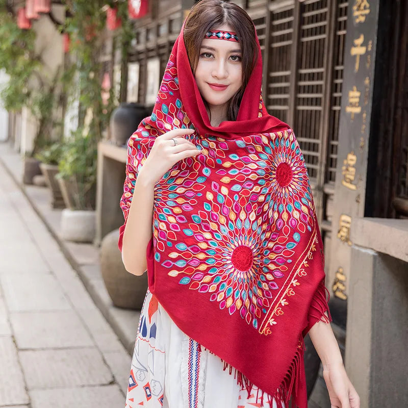 Wholesale JiYun 2025 Ladies Winter Scarf Shawl Floral Tassel Embroidery Soft Heavy Cashmere Feel-Hot Sale Winter Accessory